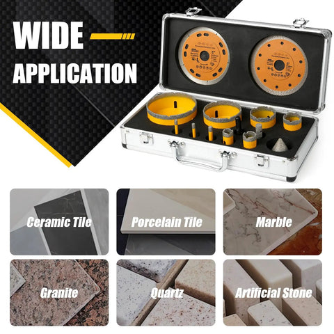 Get Your Renovation Done Right With This Badass 14 Pc Diamond Tile Hole Saw Kit Including Sizes From 6 Mm To 100 Mm Plus Chamfer Bits And Heavy Duty Diamond Blade For Smooth Drilling In Marble Ceramic And Porcelain Tile No Sweat Guaranteed, displayed in a metal case with various drill sizes.