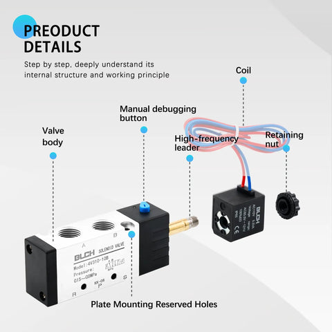 Pneumatic Solenoid Valve 2 Position 5 Way DC 24V Pilot Operated Electric Valve with detailed components and labels