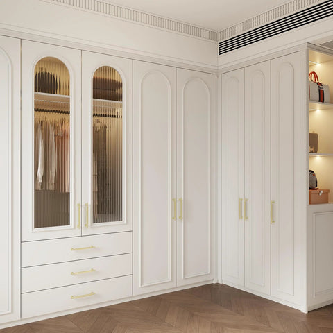 Brushed Gold Cabinet Pulls 10 Pack, 5 Inch Hole Center Drawer Handles, installed on white wardrobe drawers, zinc alloy hardware