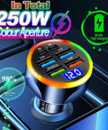 Heavy Duty USB C Car Charger Adapter With Built In Volt Meter And Voltage Display Dang Fast Charging Hub, showing six ports and voltage display.
