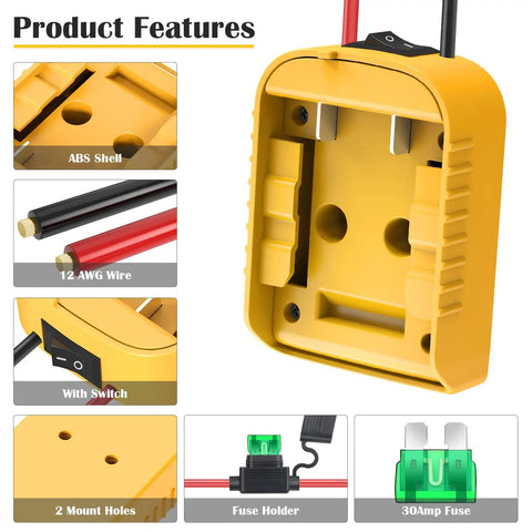 Power Wheels Battery Adapter for Dewalt 20V Battery Converter Kit with fuse switch, ABS shell, 12 AWG wires, mount holes