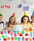 Children at a birthday party with Premium Total Knockout 32 Pack Mochi Squishy Toys Kawaii Animals on the table, colorful decorations.