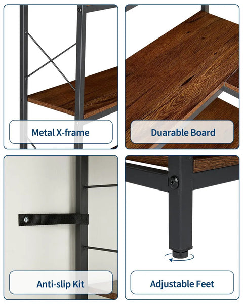 Tall Corner Bookshelf With Fourteen Shelves And Seven Tiers, Space Saving Corner Bookcase details: metal frame, wood board, anti-slip, adjustable feet