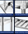 Close-up of Beefy Stainless Steel Workbench With Three Tier Open Shelving And No Fuss Leveling Feet, featuring stable triangular structure and steel connecting plates.