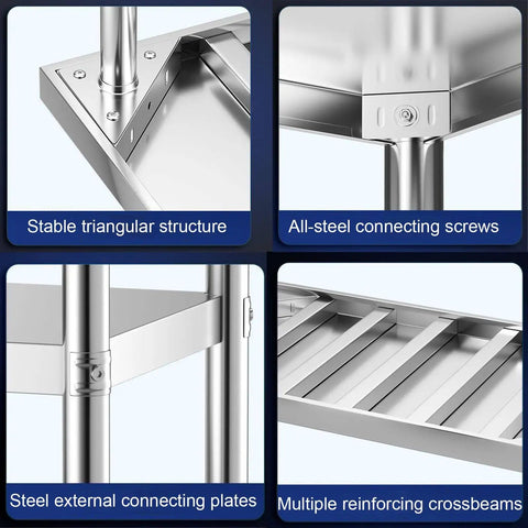 Close-up of Beefy Stainless Steel Workbench With Three Tier Open Shelving And No Fuss Leveling Feet, featuring stable triangular structure and steel connecting plates.