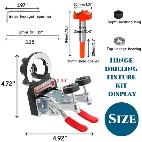 Concealed Hinge Jig With 35mm Hole Punch And Quick Clamp dimensions and components display for woodworking projects