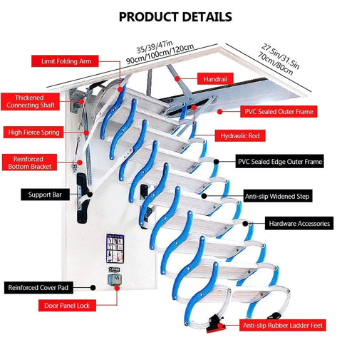 Game Changer Electric Attic Ladder Pull Down Design With Comfort Grip Armrests For Effortless Ceiling Access Built From Heavy Duty Titanium Alloy showcasing product details and components.