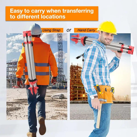 Workers carrying Beefy Aluminum Surveying Tripod With Five Eighth Inch 11 Threaded Flat Head Quick Clamp for auto level equipment