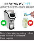Front view of white Baby Brezza Formula Pro Mini formula mixer with bottle; hand scooping formula into a jar