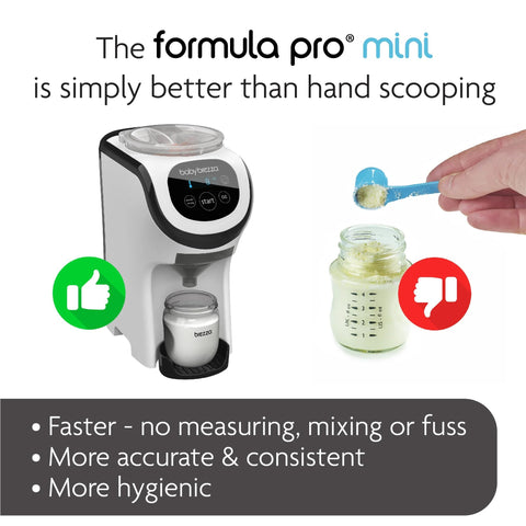 Front view of white Baby Brezza Formula Pro Mini formula mixer with bottle; hand scooping formula into a jar