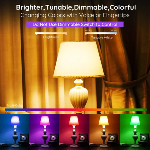 Smart A19 LED Bulbs With Music Sync And WiFi Control RGBCW Color Changing shown in various colors and tunable white with lamp.