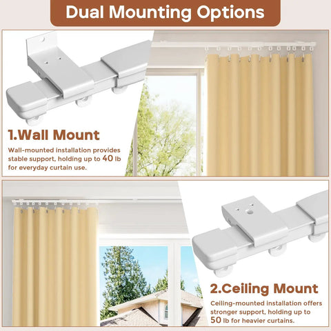 Heavy Duty Aluminum Curtain Track Set For Ceiling Or Wall Mount With Sliding Rail And Hooks, Adjustable 3ft To 9ft Length, Built To Handle Grommet Or Pleated Drape, RV Ceiling Track. Dual wall and ceiling mount options shown