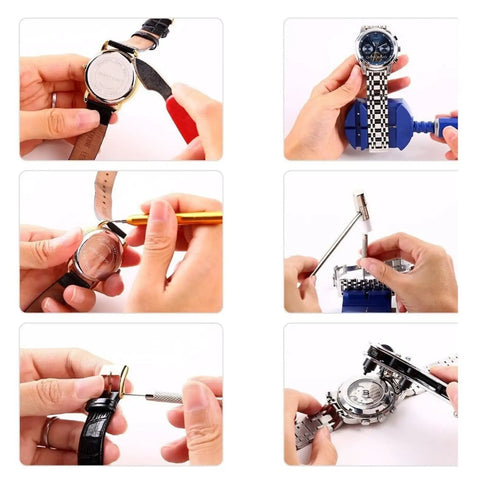 Top Shelf 8 Piece Watch Repair Tool Kit Featuring Smooth Link Pin Remover and Bulletproof Shell Opener used in watch maintenance tasks.