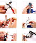Eight Piece Watch Repair Tool Kit Featuring Link Pin Remover And Shell Opener For Go Getter Hobbyists Craving Zero Sweat Band Adjustments And Game Changing Movement Fixes in use for watch repair.