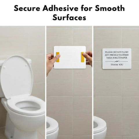 Three-step mounting showing white acrylic Do Not Flush Sign For Bathrooms White Acrylic Five By Three Point Five Inches