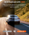 Car driving on a scenic road showcasing 4K HDR enhancement, split image comparing standard vs Beast 4K Front And Interior Dash Cam.