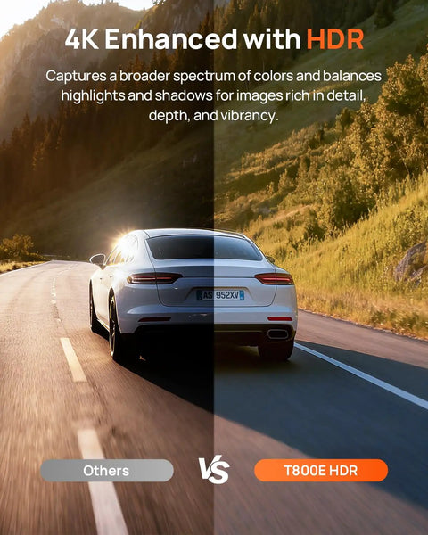 Car driving on a scenic road showcasing 4K HDR enhancement, split image comparing standard vs Beast 4K Front And Interior Dash Cam.
