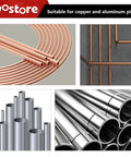 Wostore 5-Inch Tube Bender Set Fits 1/4-3/4 Inch Copper Piping on display, featuring copper and aluminum pipes for HVAC plumbing.