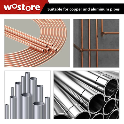 Wostore 5-Inch Tube Bender Set Fits 1/4-3/4 Inch Copper Piping on display, featuring copper and aluminum pipes for HVAC plumbing.