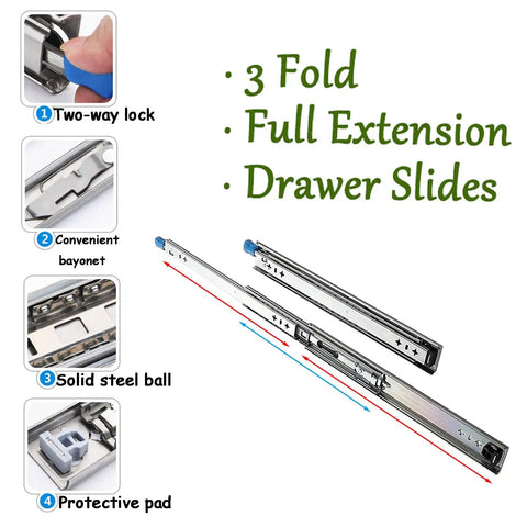 Heavy Duty Drawer Slides With Lock 16 Inch Full Extension Metal Glides 3 Fold Ball Bearing Runners for smooth operation