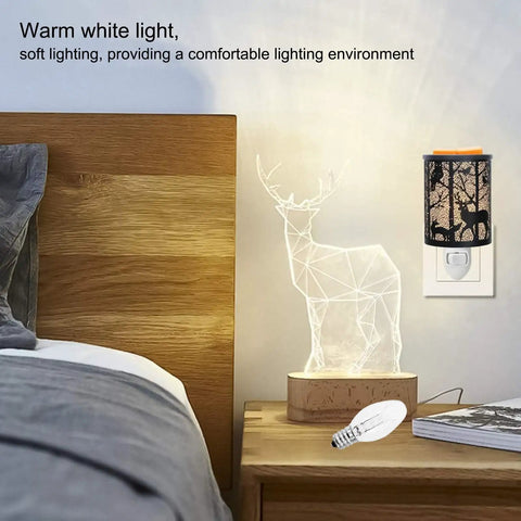 Warm white light from 15W C7 Replacement Bulbs for Wax Warmers Night Lights Salt Lamps and Candle Warmers, 120V, on nightstand.