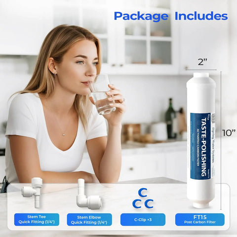 Woman drinking water beside NSF Certified Fifth Stage Inline Post Carbon Water Filter Replacement Cartridge With One Quarter Inch Quick Connect For Fridge Ice Maker And Home RO Systems To Deliver Clean Tasting Water.