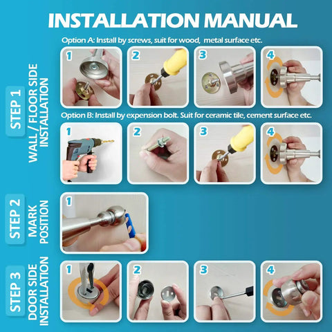 Installation manual for Magnetic Door Stopper With Hydraulic Shock Absorbent Tech, Soft Catch Magnetic Hold, Heavy Duty 304 Stainless Steel