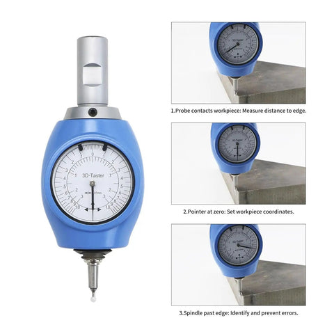 3D Edge Finder for CNC Machines Portable Accurate Universal Probe Locator Tool for Milling and EDM Machines Precision Edge Measuring Sensor With Insulated Probes Easy Setup 0.01mm Accuracy, close-up of blue dial indicator with three-step instructions.