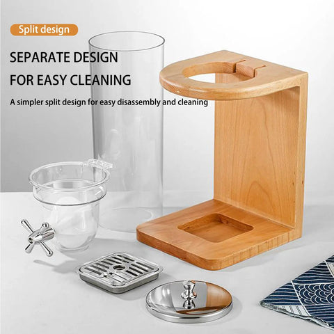 Rock Solid Three Barrel Grain Dispenser For The Kitchen Counter With Smooth Pour Valves And Sturdy Sapelli Wood Base Holds 12 Liters Of Coffee Beans Or Snacks A Total Game Changer For Mess Free Pantry Storage disassembled parts including wooden base and clear containers.