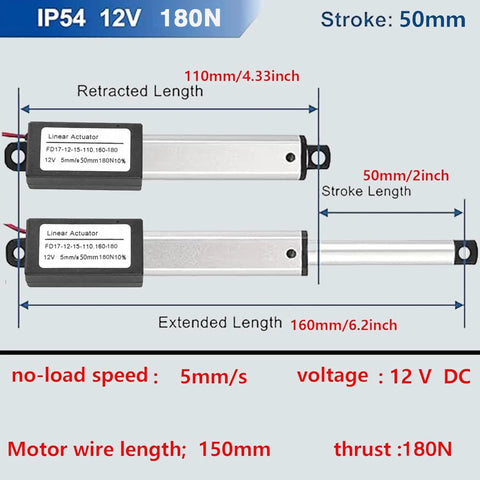 Diagram of Mini 12V Linear Actuator With 2 Inch Stroke, 180N, showing dimensions and specifications including speed and voltage.
