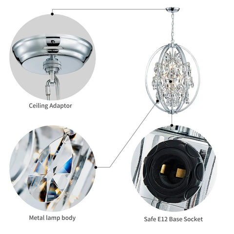 Large Modern Globe Crystal Chandelier With 9 G9 Bulbs Not Included Adjustable Hanging Light Fixture For Dining Room Living Room Foyer And Bedroom Chrome Finish Dope Sparkle And Statement Ceiling Light showing ceiling adaptor and E12 socket details