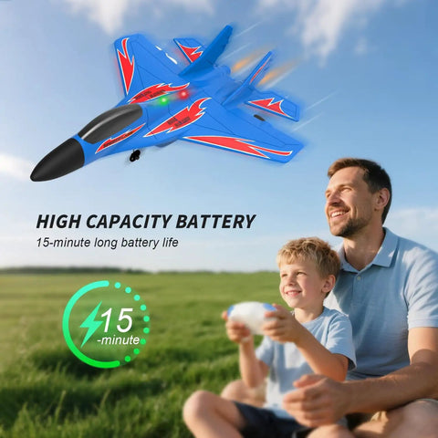 Father and son flying Foam Remote Control RC Planes 2CH 2.4Ghz Awesome Fighter Jet With Lights Easy To Fly for all ages outdoors.