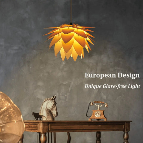 Lotus Flower Plug-In Pendant Light With Wood Boho Shade, 15Ft Rope Cord illuminating a vintage desk setup