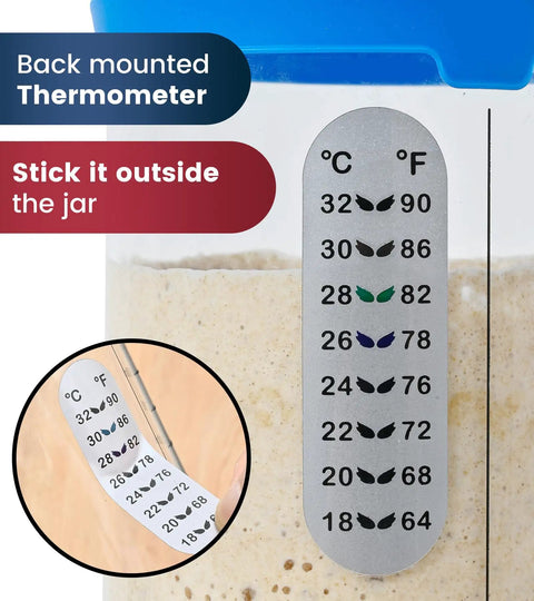 Back mounted thermometer on Sourdough Starter Kit 2 Pack 34Oz Organic Glass Jars Wide Mouth With Lids For Home Bakers