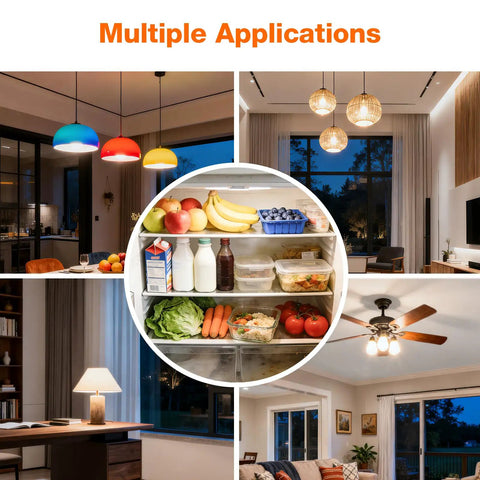 Interior scenes showing Soft White A15 LED Ceiling Fan Light Bulb Dimmable 60W Equivalent used in various lighting fixtures.