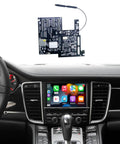 Wireless CarPlay Module for Porsche PCM3.1 dashboard with installed Apple CarPlay interface and circuit board closeup.