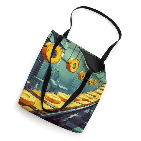 Industrial Cheese Conveyor Belt Artwork Tote Bag For Foodies And Cheese Lovers A Durable Cotton Carryall Perfect For Grocery Runs