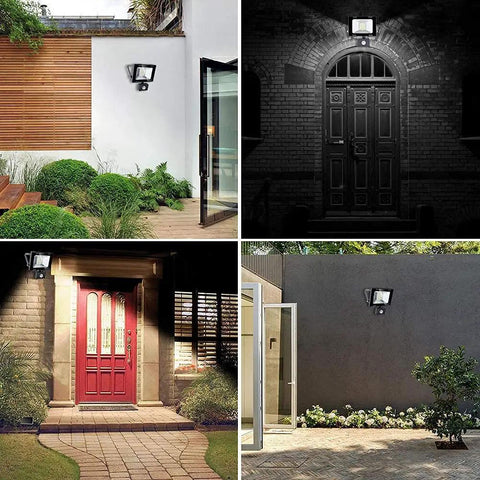 Spot Lighting Led Floodlight with Motion illuminating a front door with a red entrance, showcasing adjustable PIR sensor.