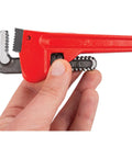 Heavy Duty Adjustable Straight Pipe Wrench 8 Inch With 1 Inch Jaw Capacity Grips Like A Boss Durable Enamel Finish Precision Milled Jaws For Leaks Plumbing Tool For Tight Spaces Pro being adjusted by hand.