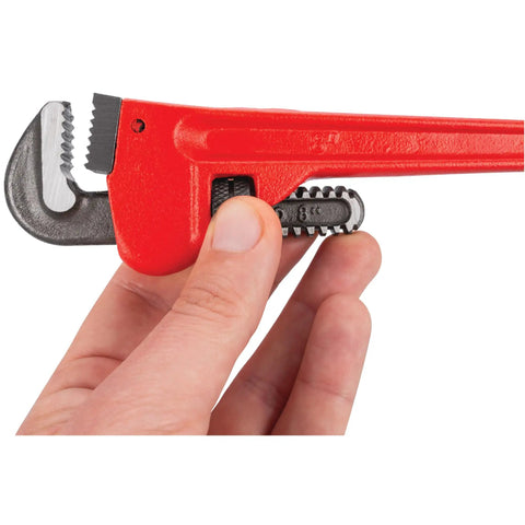 Heavy Duty Adjustable Straight Pipe Wrench 8 Inch With 1 Inch Jaw Capacity Grips Like A Boss Durable Enamel Finish Precision Milled Jaws For Leaks Plumbing Tool For Tight Spaces Pro being adjusted by hand.