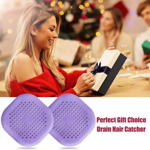Hair Drain Catcher Square Drain Cover made from Silicone with Strong Suction Cup for Shower, Tub, 2 Pack Purple, gift setting