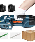 Top Shelf Electric Handheld Strapping Machine Featuring 4000Mah Dual Lithium Batteries For Seamless Auto Plastic Belt Welding On Shipping Boxes And Heavy Industrial Pallet Loads Without Breaking A Sweat, held in hand with straps and carton box.