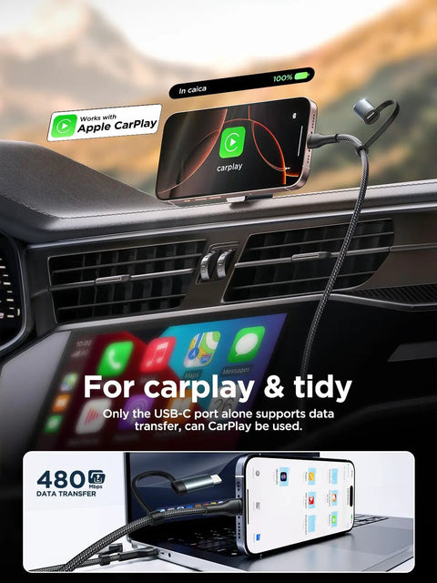 4 In 1 Charging Cable Set 6.6 Foot Nylon Braided 60W Fast Charge Cord MFi Certified Lightning USB C To USB C USB A To Lightning All In One Cable For iPhone iPad Galaxy MacBook And More 2 Pack Durable Multi Device Charger, shown in car and laptop use