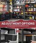 Rock Solid Heavy Duty Garage Shelving Built Like A Tank For Two Thousand Pound Loads Thickened Steel Storage Rack With Two Pegboards Adjustable Five Tier Utility Shelf For Serious Workshop Organization Black with adjustable shelves in a garage setting.