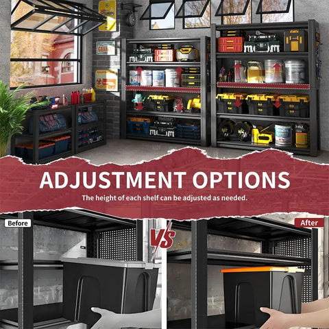 Rock Solid Heavy Duty Garage Shelving Built Like A Tank For Two Thousand Pound Loads Thickened Steel Storage Rack With Two Pegboards Adjustable Five Tier Utility Shelf For Serious Workshop Organization Black with adjustable shelves in a garage setting.