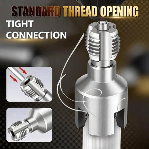 Close-up of Everything You Need for PVC Pipe Threading Kit 7 Pack Rethreading Set with one half inch dies showing tight connection