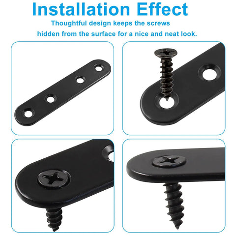 12 Pack 4 Inch Straight Brackets Stainless Steel Flat Mending Braces Black Connector Plates with screws in installation view