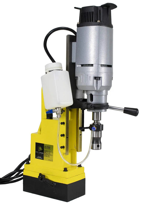 Pro Level Magnetic Drill Press Featuring Badass 2700 Lbs Clamping Power And Top Tier 2 Inch High Speed Steel Annular Cutter Kit close-up view showing motor and clamp.