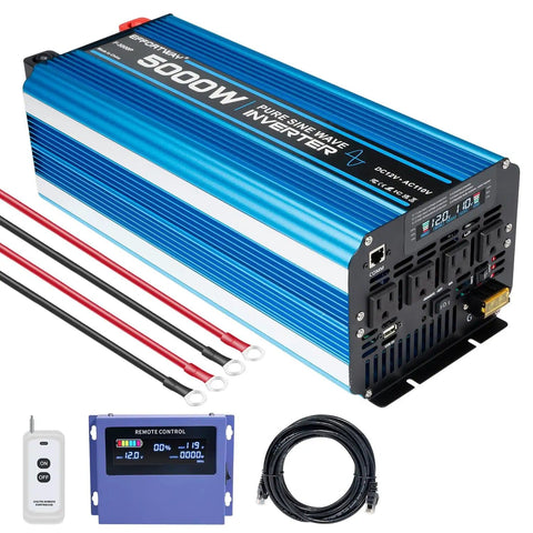5000W Pure Sine Wave Inverter 12V DC To 110V 120V AC Converter With LCD Display and Remote, cables included
