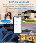 App interface for 3 Way Smart Light Switch with timers and scenes, featuring outdoor and indoor home settings.